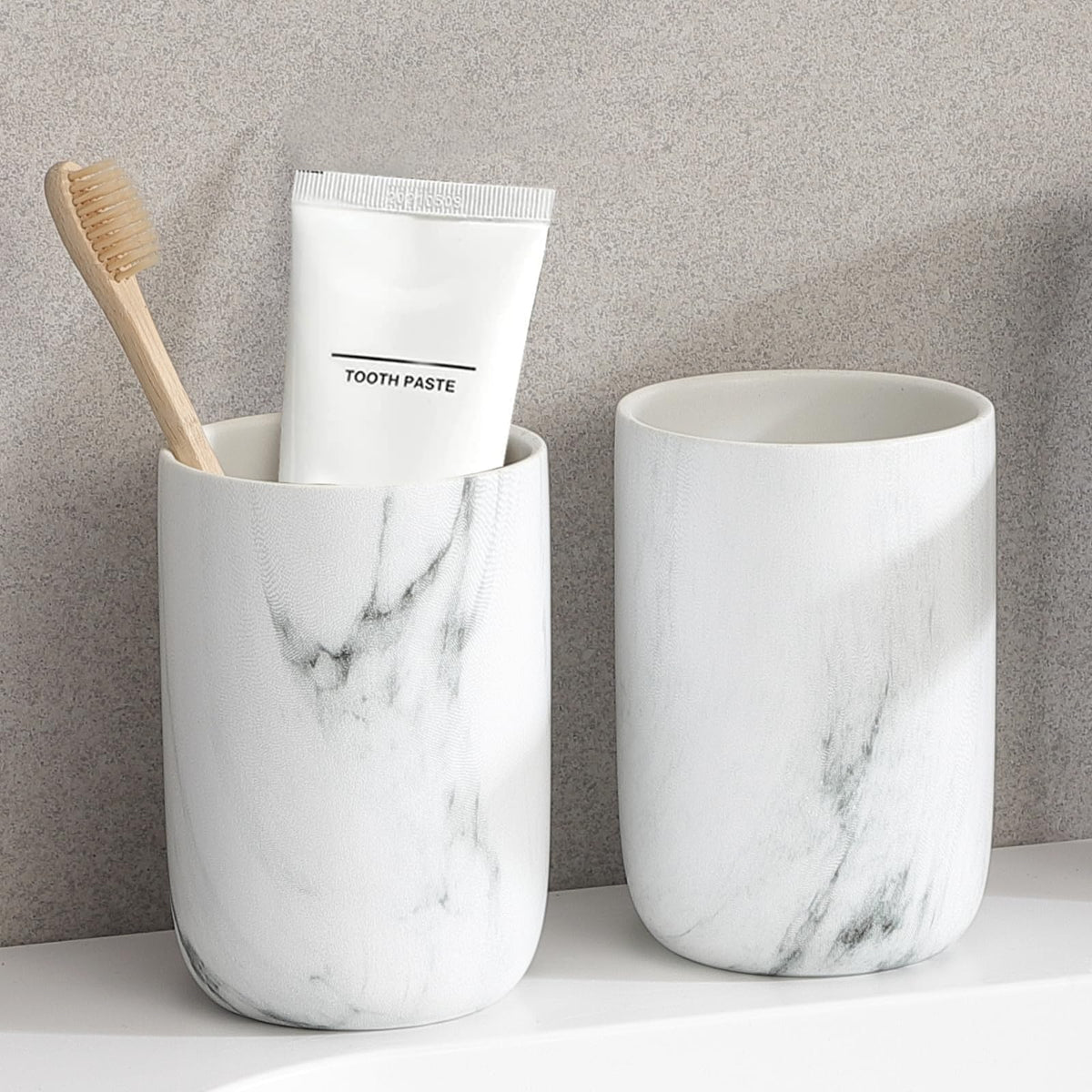 Toothbrush Holders for Bathrooms - 2 Cups Ceramic Toothbrush Toothpaste Holders Set, White Bathroom Tumbler Cups Reusable Toothbrush Mouthwash Cup, Bathroom Counter Organizer