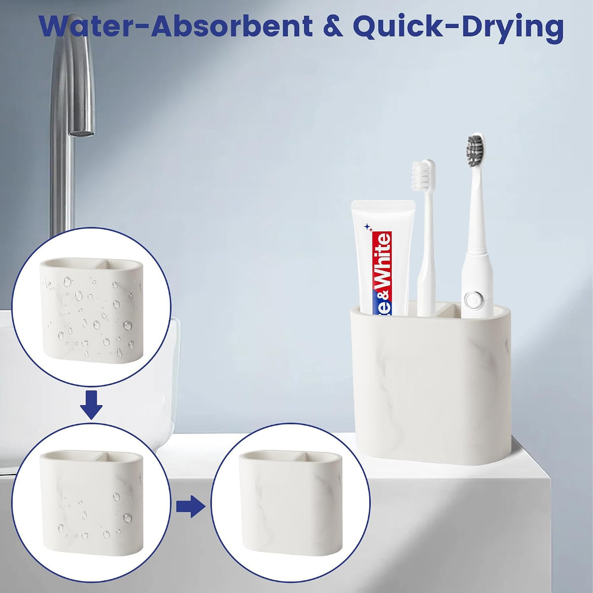 Diatomite Toothbrush Holders for Bathrooms, Electric Tooth Brush and Toothpaste Holder for Bathroom Countertop, Marble White Bathroom Accessories, 2 Slots Toothbrush Organizer