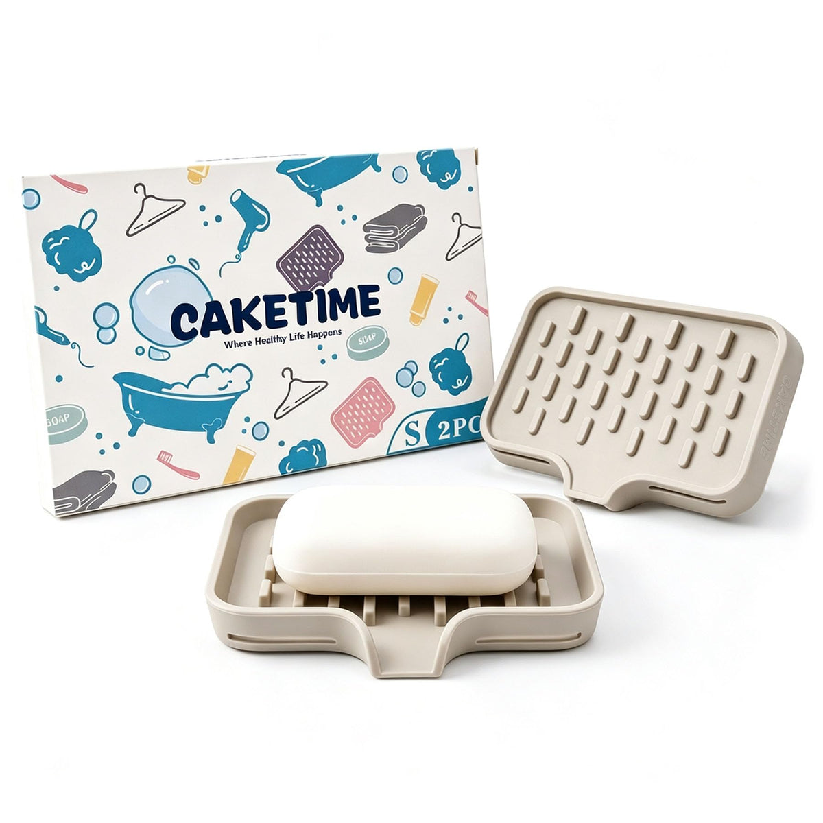 CAKETIME 2 Pack Silicone Soap Dish with Drainage Holes for Bathroom Shower Caddy Kitchen Counter Bar Sponge Holder Drying Rack Sink Organizer Essentials Apartment Home Household Must Haves 2026