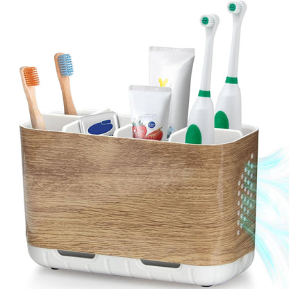 Boperzi Toothbrush and Toothpaste Holder Drainage for Bathroom Countertop with Adjustable Dividers, Large Toothpaste Caddy Organizer Storage Rustic Decor Set Anti-Slip for Shower,Family,Kids Gray