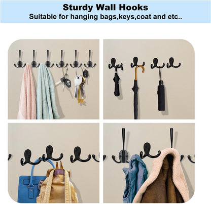 Kruodop 4 Pack Wall Hooks Wall Mounted Coat Hooks for Hanging Heavy Duty, Black Towel Hooks, Metal Double Coat Hanger with Screws Cup Retro for Coats, Handbags, Towels, Hat