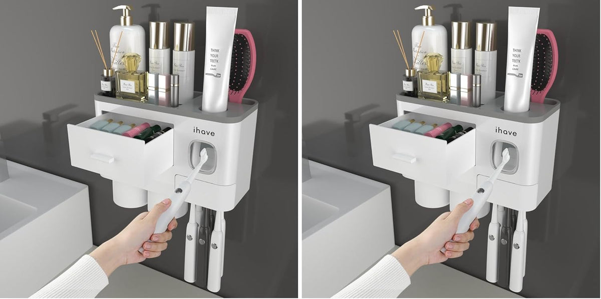 iHave Toothbrush Holders Wall Mounted with Toothpaste Dispenser & 2 Cups