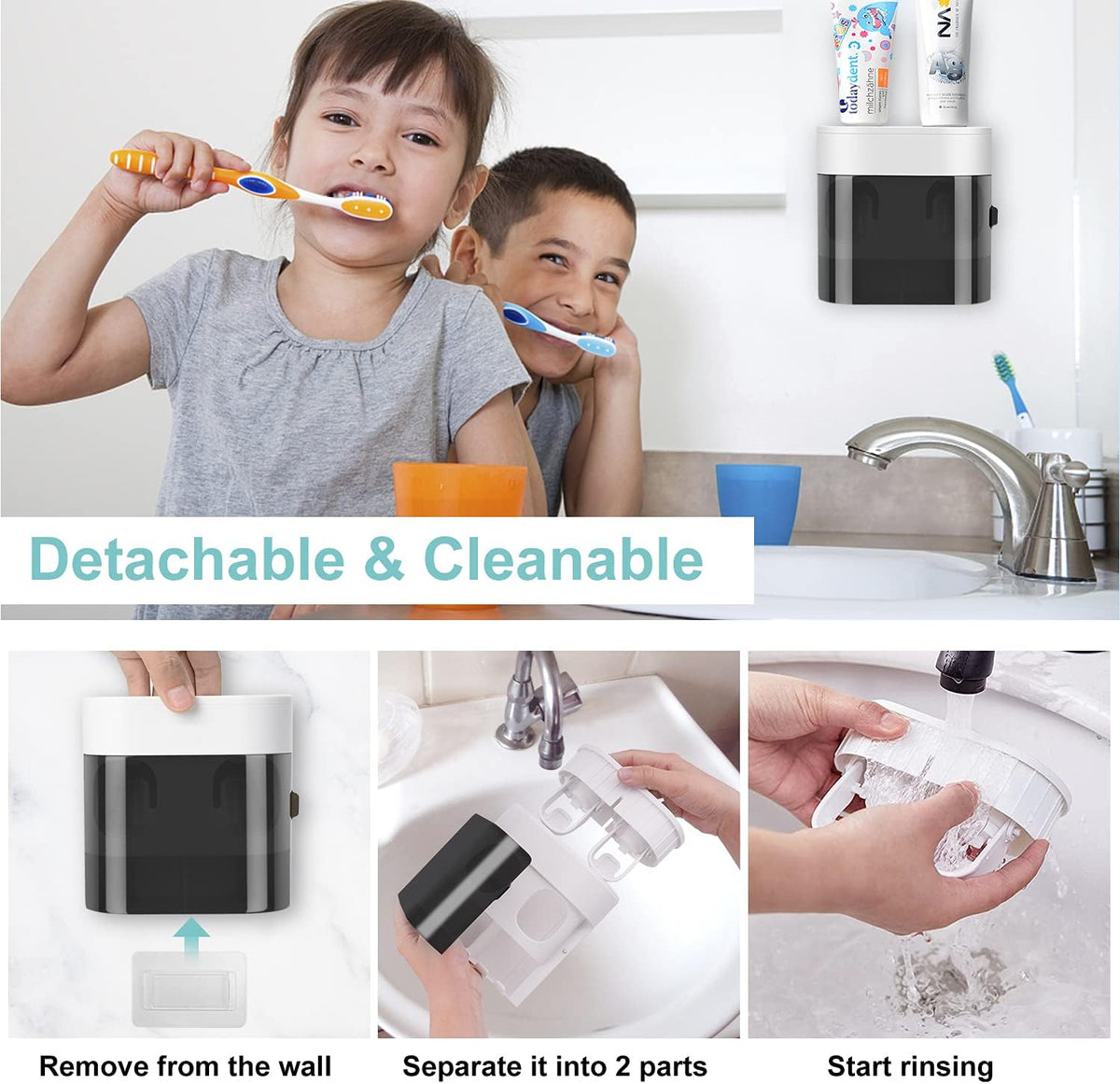 GFWARE Toothbrush Holder Toothpaste Dispenser Wall Mounted with Cover, 4 Slots Tooth Brush Storage Organizer with Automatic Kids Toothpaste Squeezers for Shower Bathroom Black
