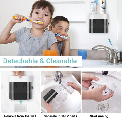 GFWARE Toothbrush Holder Toothpaste Dispenser Wall Mounted with Cover, 4 Slots Tooth Brush Storage Organizer with Automatic Kids Toothpaste Squeezers for Shower Bathroom Black