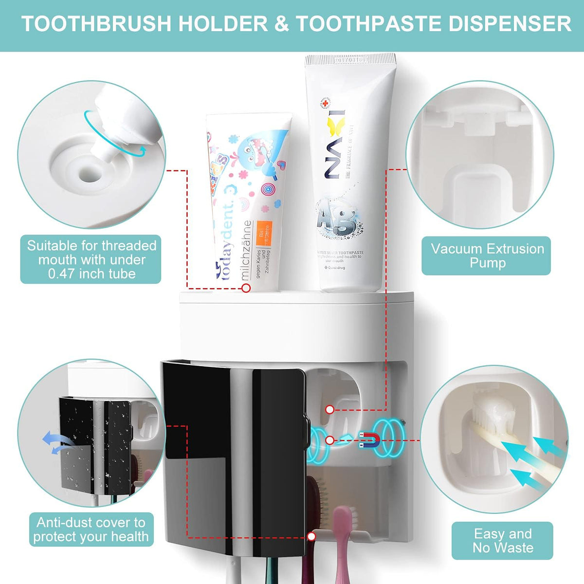 GFWARE Toothbrush Holder Toothpaste Dispenser Wall Mounted with Cover, 4 Slots Tooth Brush Storage Organizer with Automatic Kids Toothpaste Squeezers for Shower Bathroom Black