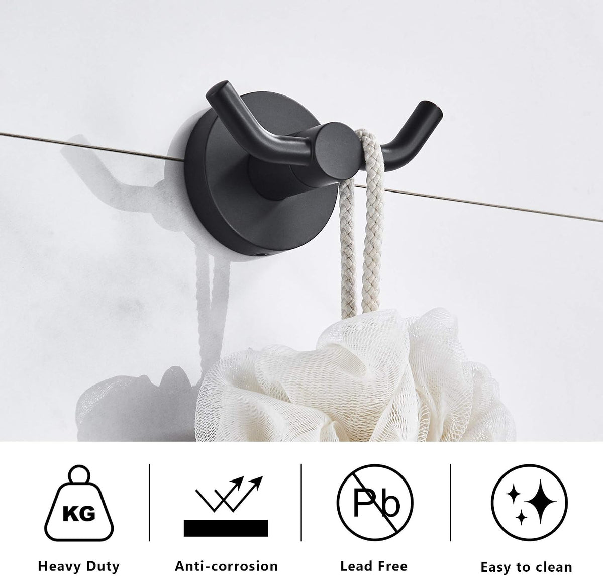 MARMOLUX ACC - Black Bathroom Hooks for Towels | Modern Black Hooks, Double Robe & Towel Hooks Ideal as Bathroom Towel Holder, Shower Wall, Kitchen Hand Towel Holder - Shower Hook