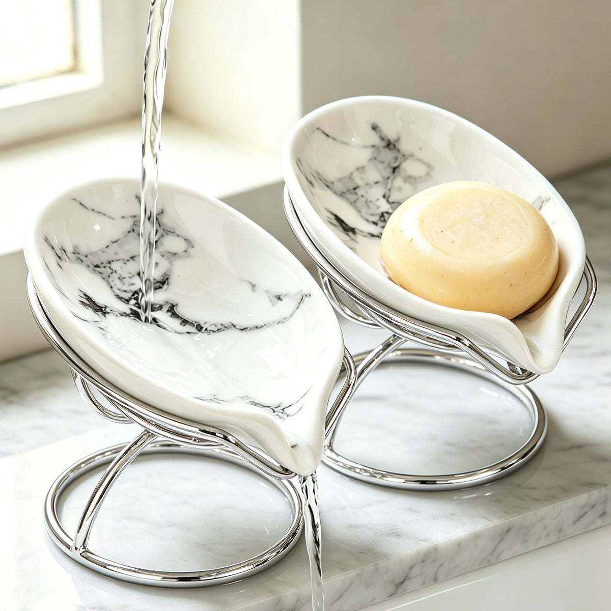 Dobbyby Leaf-Shaped Ceramic Soap Dish with Drain, Holder, Saver, Tray, Bar Soap Holder, Easy Cleaning, for Shower Bathroom Kitchen Sink Bathtub, Pro-Environment White