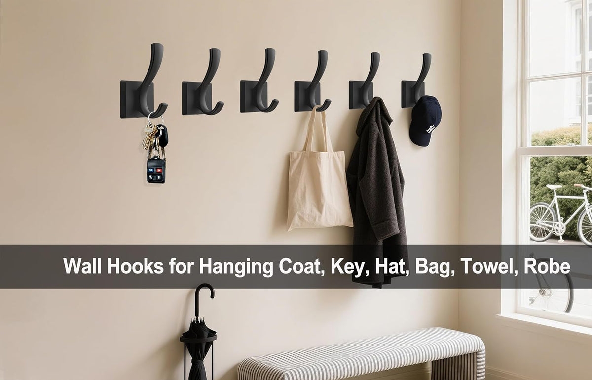 TOFIIGREM Black Towel Hooks, Coat Robe Hooks Bathroom Entryway Mudroom Pool Hooks for Wall Mount Hanging Towels Bathrobe Key Hat Backpack (2 Pack, Black)