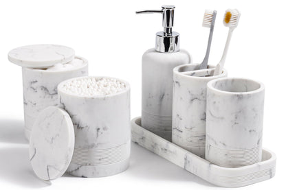 Bathroom Accessories Set, 6-Piece Bathroom Accessory Set, Toothbrush Holders Set, Soap Dispenser, Vanity Tray, Tumbler, Cotton Swab Jars, Bathroom Organizer for Modern Bathrooms(Beige)