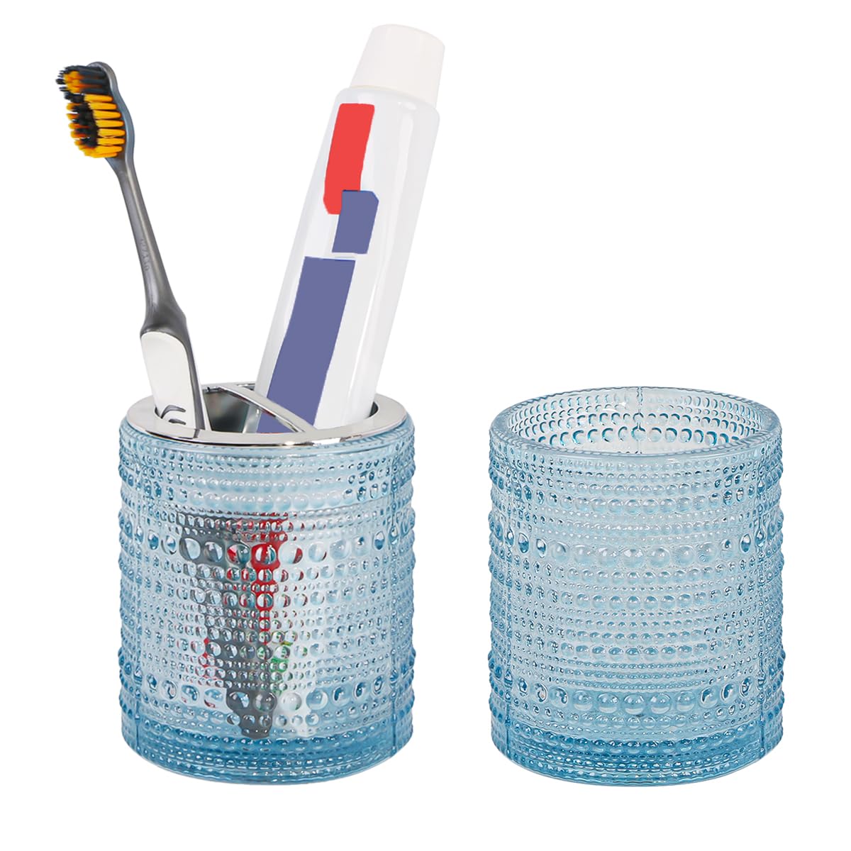 Blue Toothbrush Holders for Bathrooms, Glass Toothbrush Holder with 2 Slot Divider, 10oz Bathroom Tumbler and Mouthwash Cup, Tooth Brush Holder for Brushes, Toothpaste