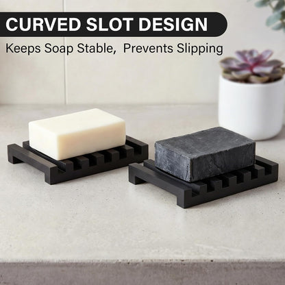 Slotted Silicone Soap Dish 2 Pcs, Self Draining Soap Holder with Raised Bar Design, Non Slip Soap Saver Tray, Quick Dry Soap Dish for Bathroom Kitchen Sink Shower, Black
