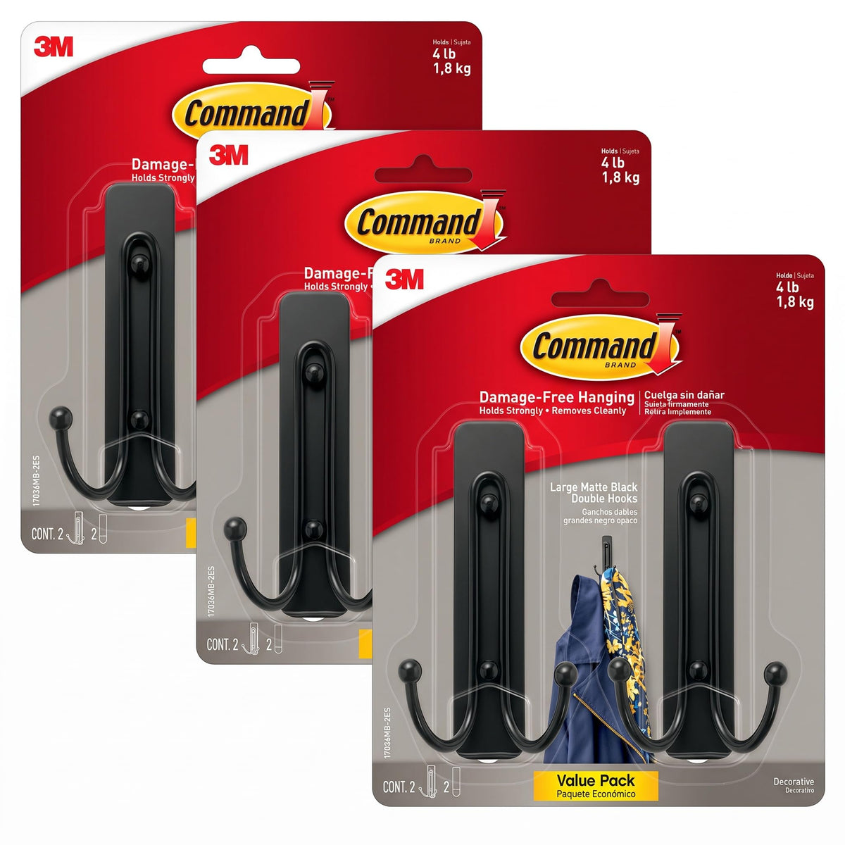 Command Large Matte Black Double Hooks, 2 Hooks and 2 Strips, Damage Free Hanging Wall Hooks with Adhesive Strips, No Tools Coat Hooks for Hanging Home Decor, Holds up to 4 lb