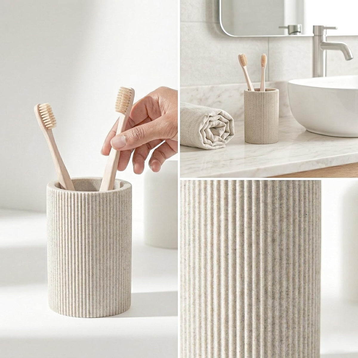 Small Sand Beige Toothbrush Holder for Bathroom Countertop, 7oz