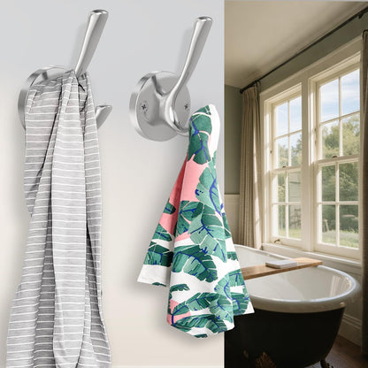 TOFIIGREM Brushed Nickel Wall Hooks Towel Hooks, 2 Pack Coat Robe Hook Heavy Duty Bathroom Double Hook Wall Mounted, Hand Towel Hooks for Closet Entryway Cubicle Kitchen
