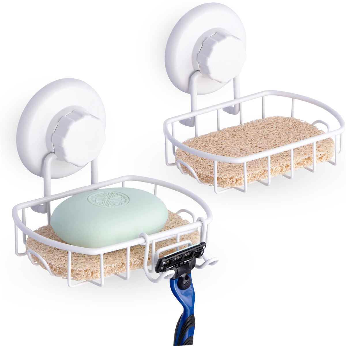 HASKO 2 Pack Suction Cup Soap Dish for Shower Wall, Rustproof Stainless Steel, Shower Soap Holder with Hooks, Includes Optional No Drill Adhesive Mount for Bathroom, 2 Soap Savers, Black