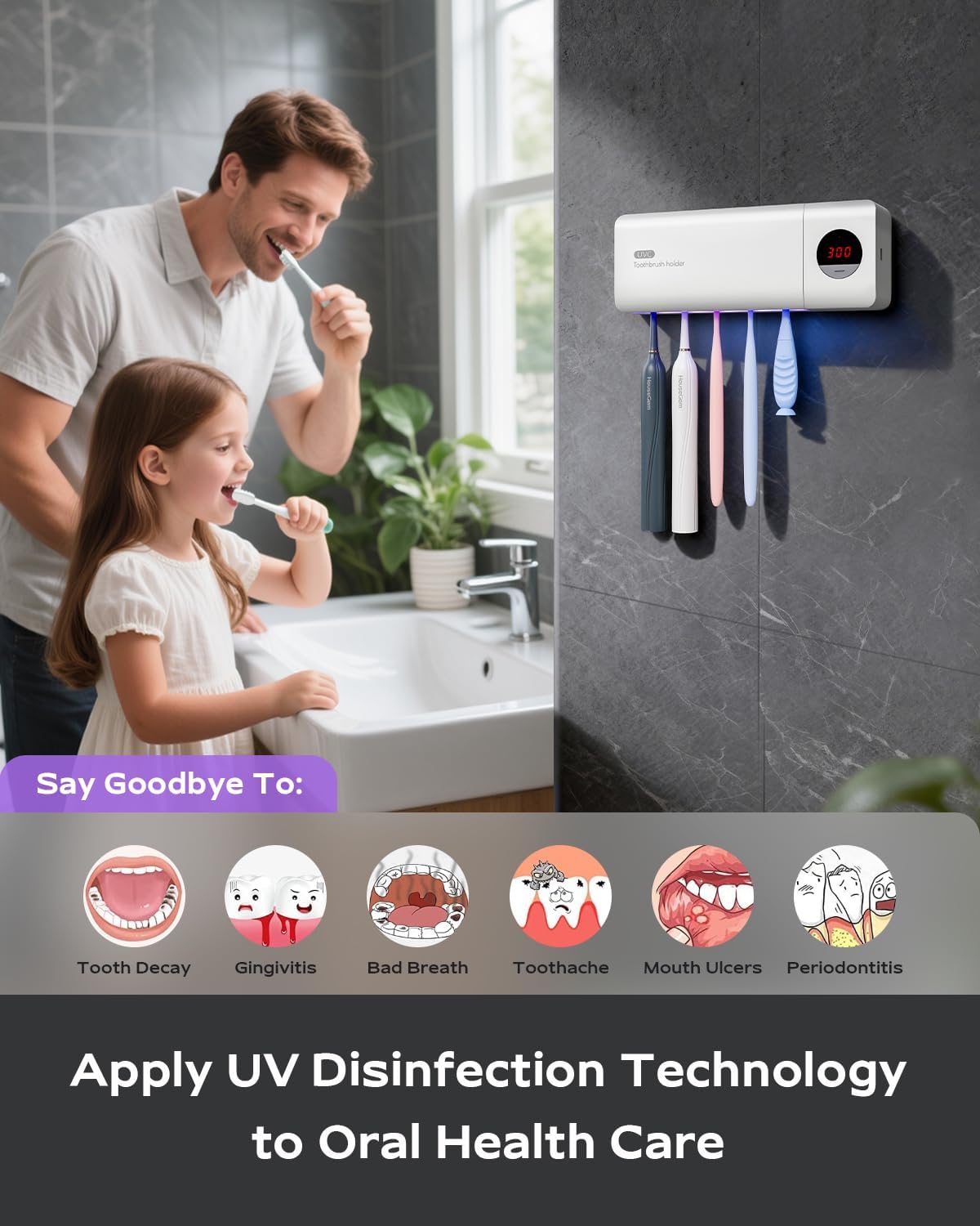Toothbrush Holder for Bathroom Wall Mounted, Rechargeable - White