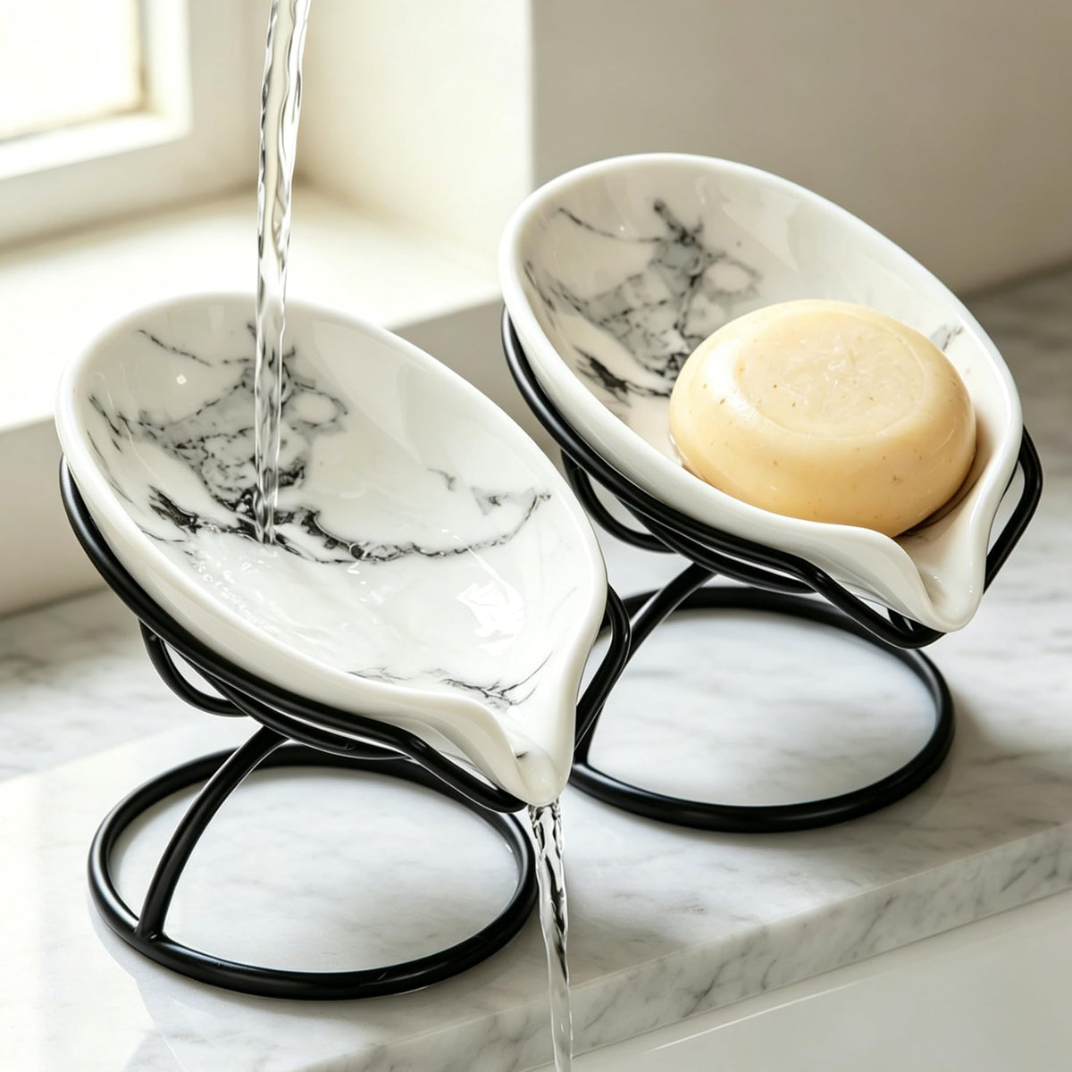 Dobbyby Leaf-Shaped Ceramic Soap Dish with Drain, Holder, Saver, Tray, Bar Soap Holder, Easy Cleaning, for Shower Bathroom Kitchen Sink Bathtub, Pro-Environment White