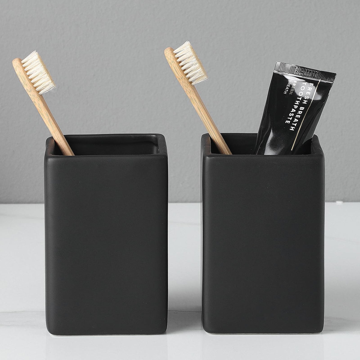 Ceramic Black Square Toothbrush Holder for Bathrooms - 1 Cup Square Toothbrush Toothpaste Holders, Bathroom Tumbler Cup Reusable Toothbrush Mouthwash Cup, Bathroom Counter Organizer.