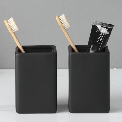 Ceramic Black Square Toothbrush Holder for Bathrooms - 1 Cup Square Toothbrush Toothpaste Holders, Bathroom Tumbler Cup Reusable Toothbrush Mouthwash Cup, Bathroom Counter Organizer.