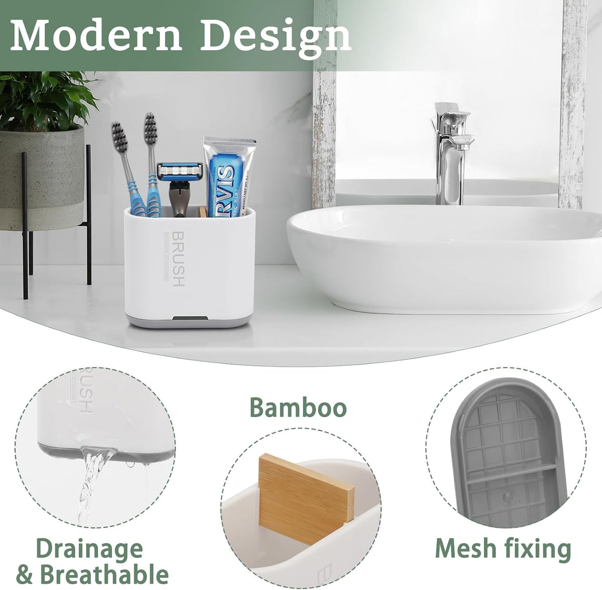 Bamboo Toothbrush Holder for Bathrooms Toothpaste Organizer, Small, White