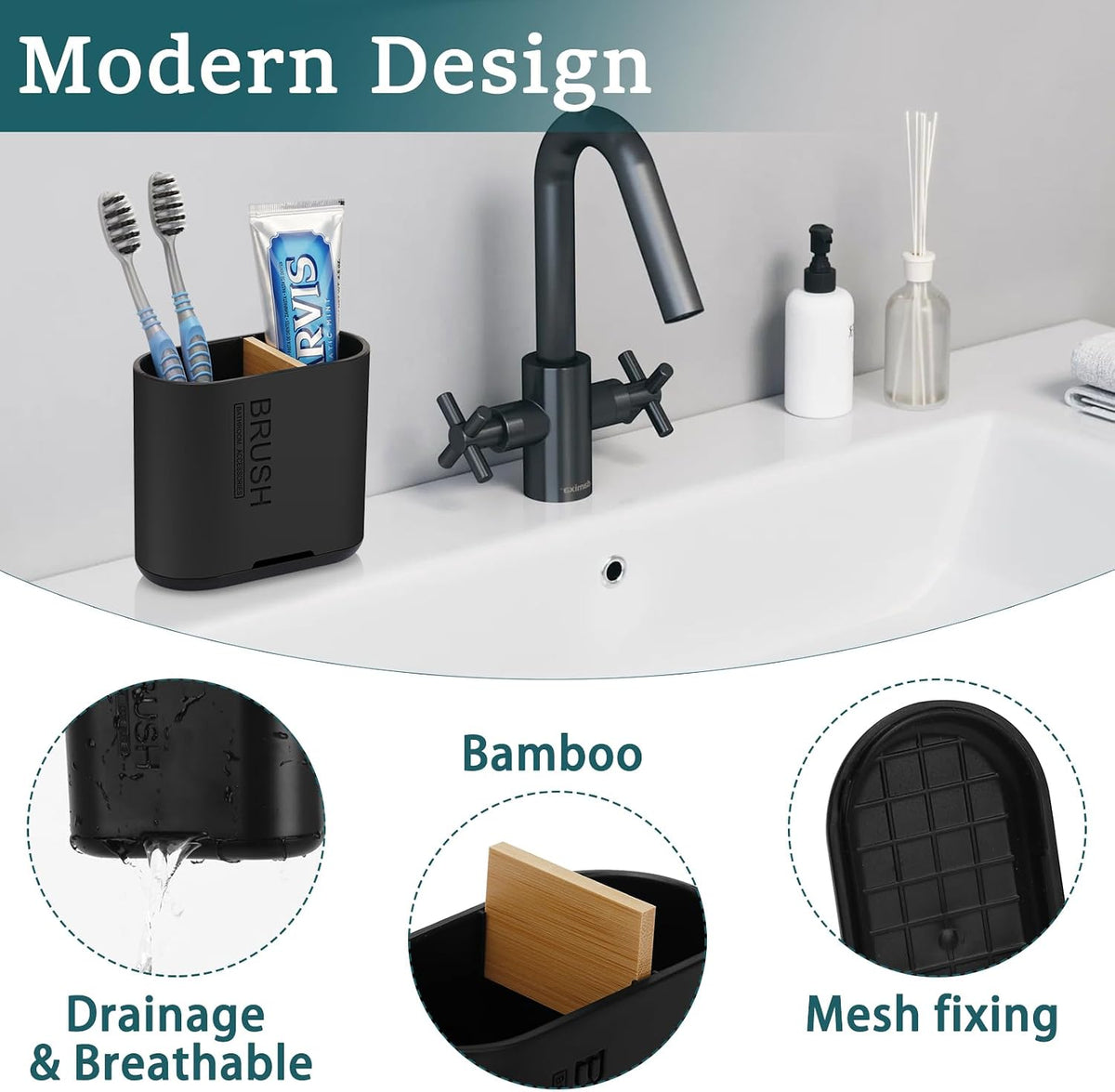 Bamboo Toothbrush Holder for Bathrooms Toothpaste Organizer, Small, Black
