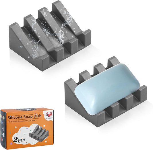 Self Draining Soap Dish Holder,Silicone Soap Dish,for Bathroom,Kitchen, Sponges，Can Extend Soap Life，Keep Soap Bars Dry and Easy Cleaning (Grey,2-Pack)