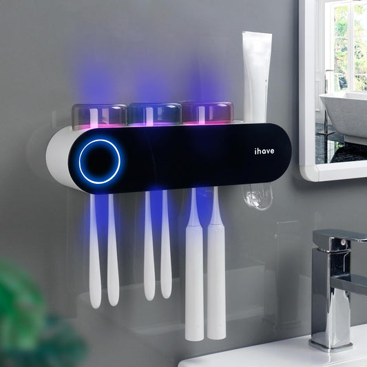 iHave UV Toothbrush Sanitizer Holder Wall Mount Toothpaste Dispenser, 3-Cup