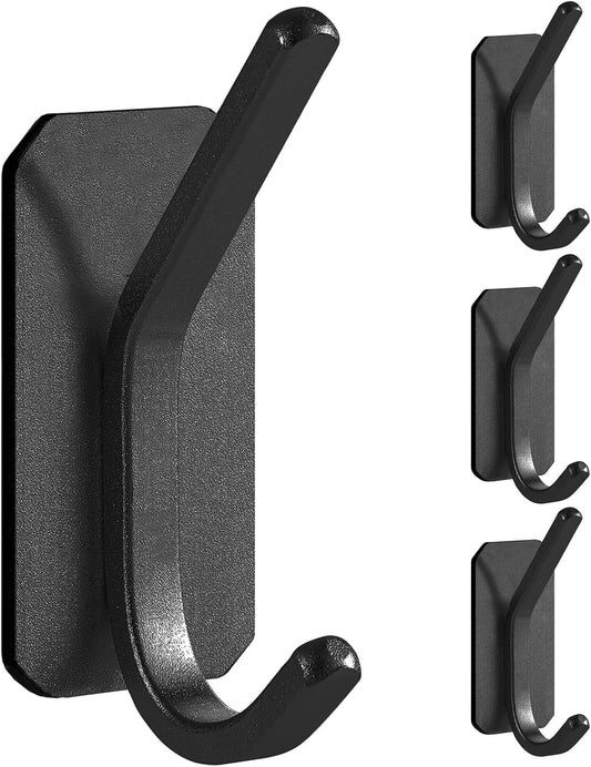 Paoli Heavy Duty Adhesive Wall Hooks, 30 lb Max Load Waterproof Hooks for Bathroom Towels Coats Bags, No Drill Damage-Free for Renters Apartment Dorm, Matte Black, 4 Pack