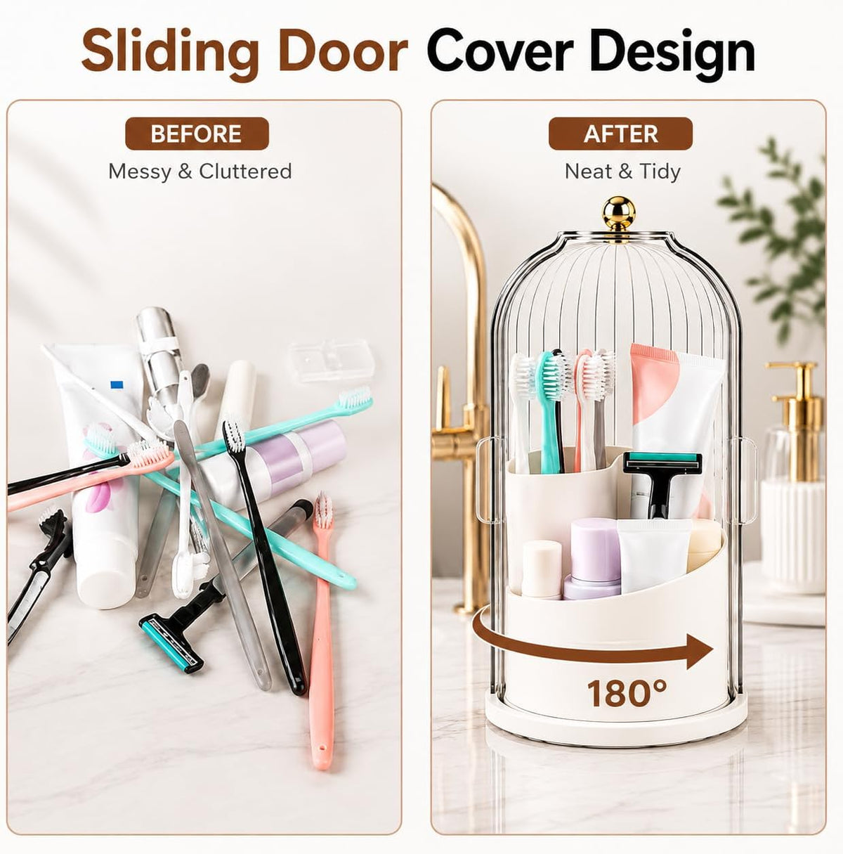 Rotating Toothbrush Holder with Cover, Storage for Bathroom, Dustproof Toothbrush Holder with Sliding Lid Electric Tooth Brush and Makeup Brush Organizer for Vanity, Dustproof with Cover