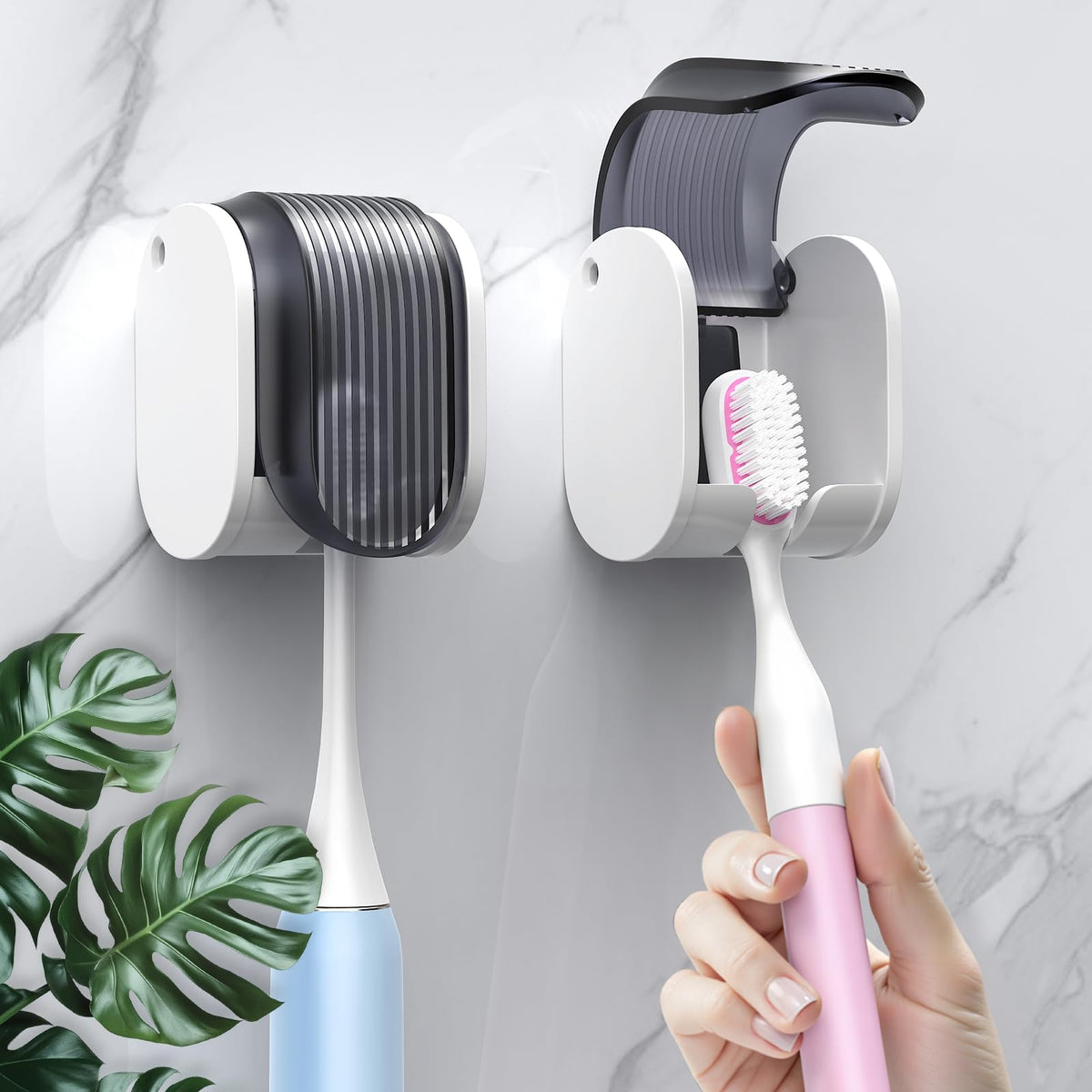 4 Pcs Toothbrush Holders Wall Mounted, Single Slot Design, Shower Self Adhesive Wall Mounted Toothbrush Holder with Cover, Waterproof and Dustproof, Suitable for Bathroom, Family, Travel (Grey)