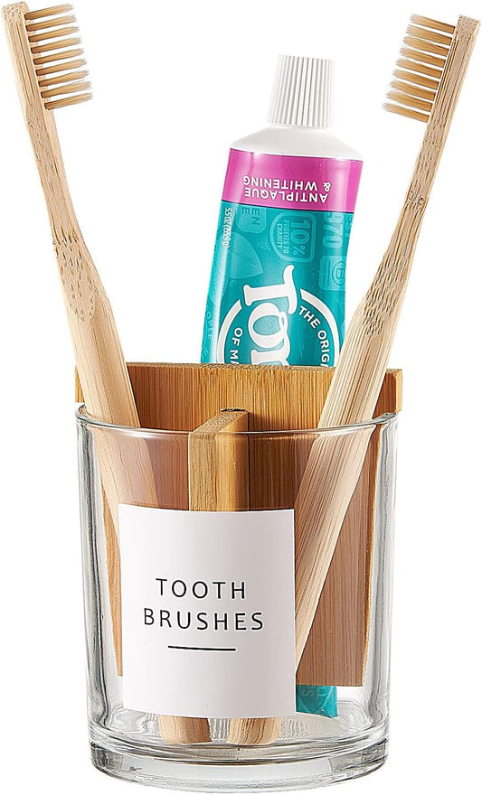 Glass Toothbrush and Toothpaste Holder with Bamboo Divider for Bathroom Countertop, Toothbrush Organizer Stand for Bathroom Vanity Countertops - 1 Pack