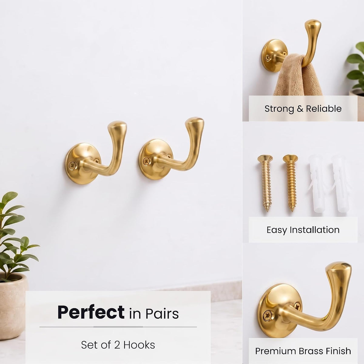Unlacquered Solid Brass Wall Hooks Set of 2, Antique Brass Coat Hooks Wall Mount for Entryway, Bathroom & Kitchen, Gold Brass Towel Hook for Towels, Robes, Hats & Bags, Handcrafted Heavy Duty