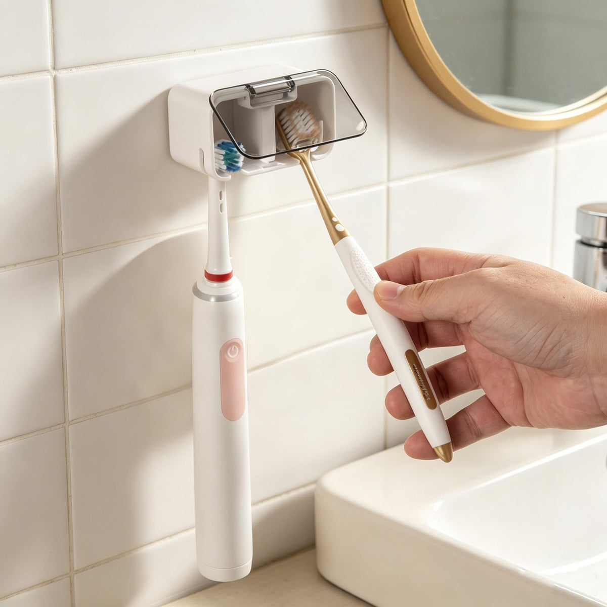 Toothbrush Holder Wall Mounted with Pop-Up Waterproof Cover, 2 Slots & Ventilated, No-Drill Adhesive Bathroom Organizer, Detachable Easy Clean, Fits Most Manual & Electric Toothbrushes (1pc Grey)