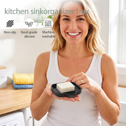 MicoYang Silicone Soap Dish with Drain Spout, Self-Draining Sink Organizer Tray for Bathroom and Kitchen, Sponges, Dispensers and Soap Holder, Non-Slip and Dishwasher Safe, Black (Compact, 4.9"×3.2")