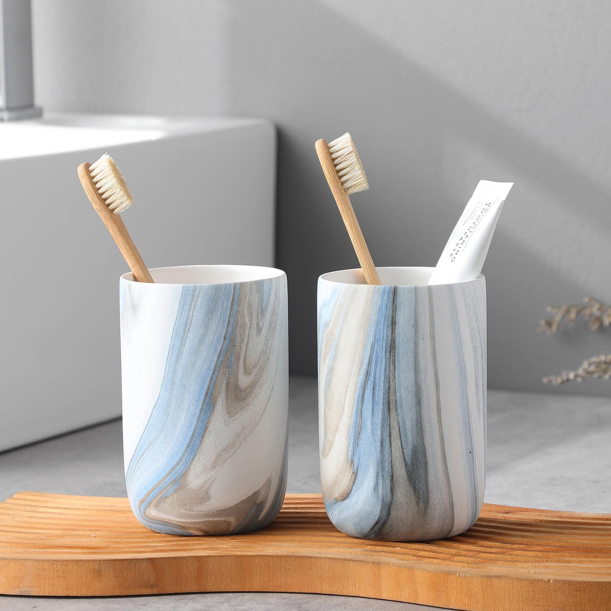 Toothbrush Holders for Bathrooms - 2 Cups Ceramic Toothbrush Toothpaste Holders Set, White Bathroom Tumbler Cups Reusable Toothbrush Mouthwash Cup, Bathroom Counter Organizer