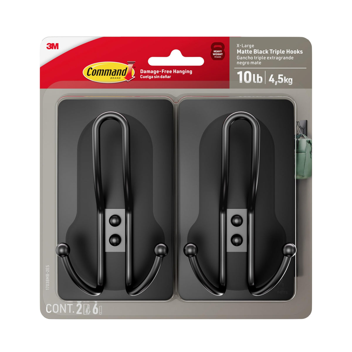Command X-Large Black Triple Hooks, 1 Hook, 3 Strips