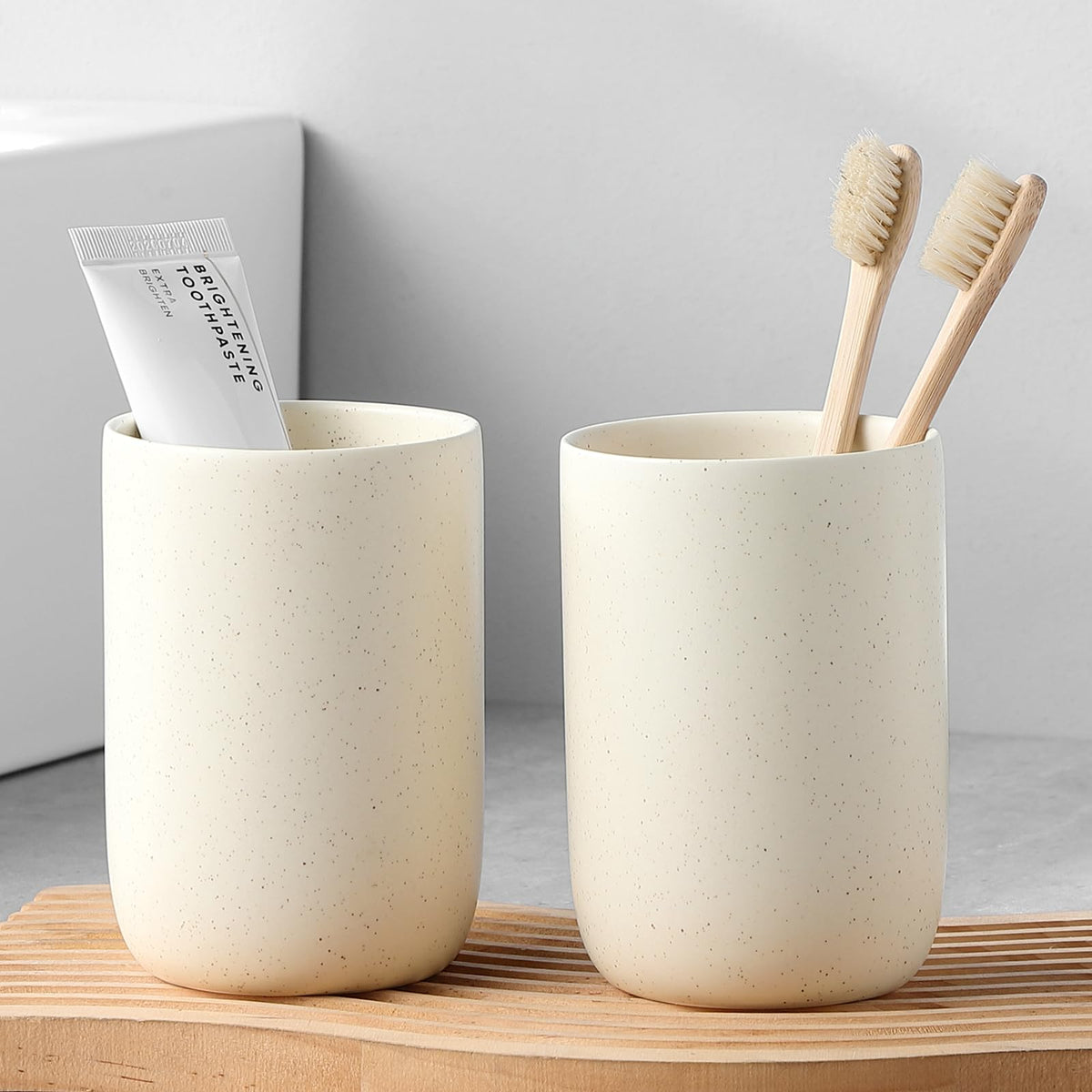 Toothbrush Holders for Bathrooms - 2 Cups Ceramic Toothbrush Toothpaste Holders Set, White Bathroom Tumbler Cups Reusable Toothbrush Mouthwash Cup, Bathroom Counter Organizer