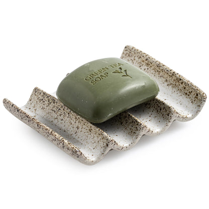 Draining Ceramic Soap Dish - Fluted Design, Bar Soap Holder for Shower & Bathroom, Soap Saver Sponge Lift, Green
