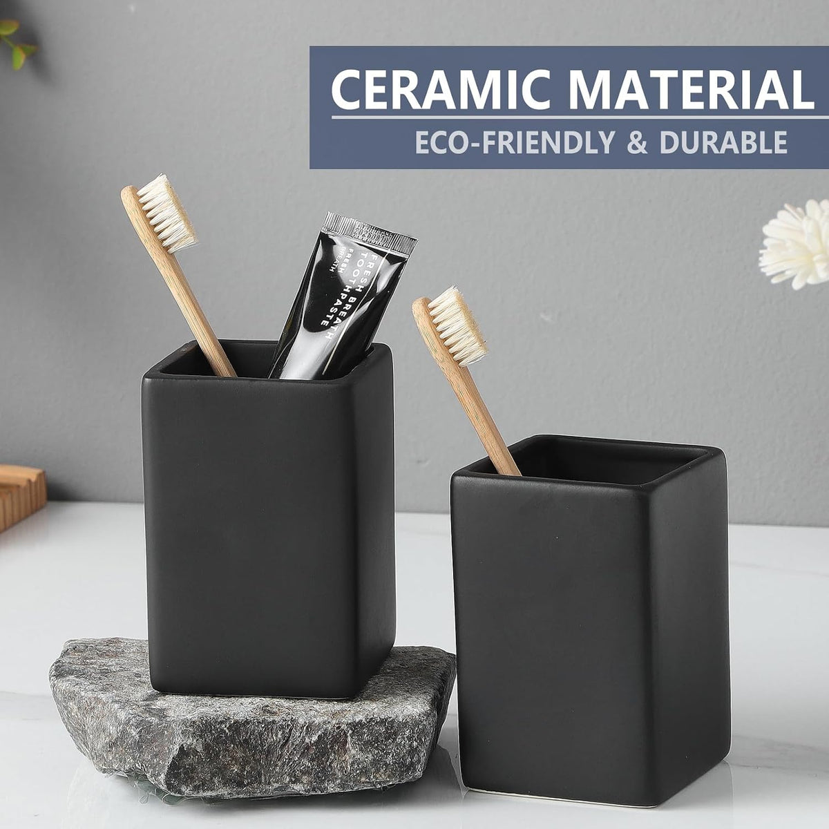 Ceramic Black Square Toothbrush Holder for Bathrooms - 1 Cup Square Toothbrush Toothpaste Holders, Bathroom Tumbler Cup Reusable Toothbrush Mouthwash Cup, Bathroom Counter Organizer.