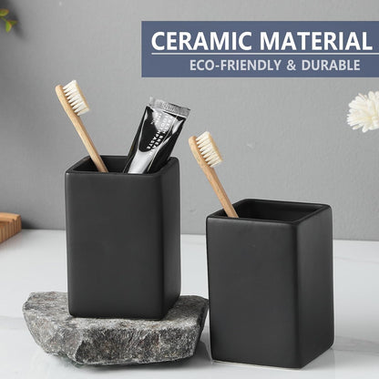 Ceramic Black Square Toothbrush Holder for Bathrooms - 1 Cup Square Toothbrush Toothpaste Holders, Bathroom Tumbler Cup Reusable Toothbrush Mouthwash Cup, Bathroom Counter Organizer.