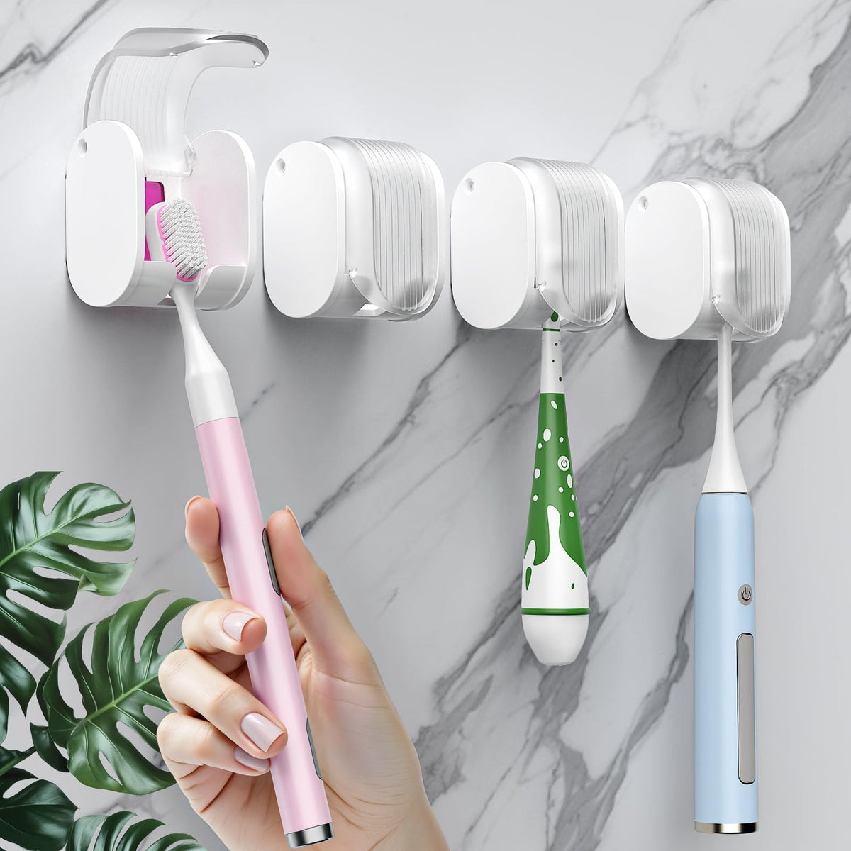4 Pcs Toothbrush Holders Wall Mounted, Single Slot Design, Shower Self Adhesive Wall Mounted Toothbrush Holder with Cover, Waterproof and Dustproof, Suitable for Bathroom, Family, Travel (Grey)