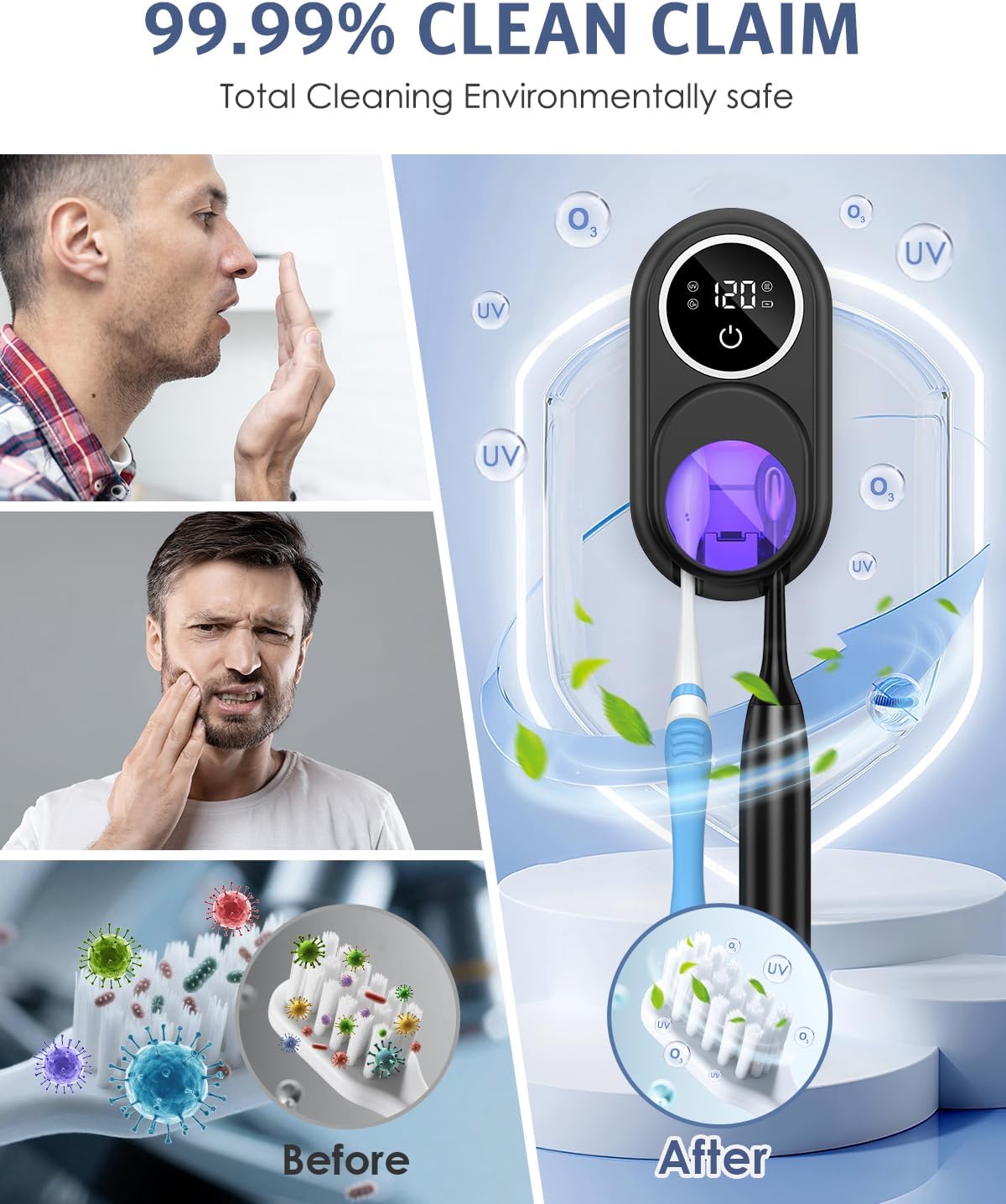 Toothbrush Sanitizer Holder, Upgraded UV Toothbrush Holder with Dual-Mode Clean & Fan Dry, LED Smart Screen, Auto-Inductive Cover, Toothbrush Wall Mounted Cleaner Organizer for Bathroom, Trip