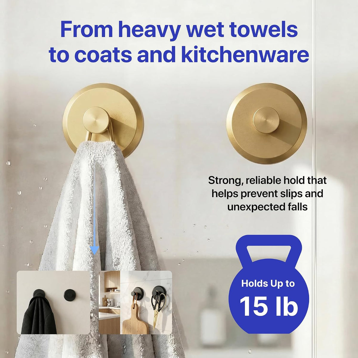 HOME SO Suction Cup Hooks for Shower & Bathroom Towel Holder 4-Pack Gold