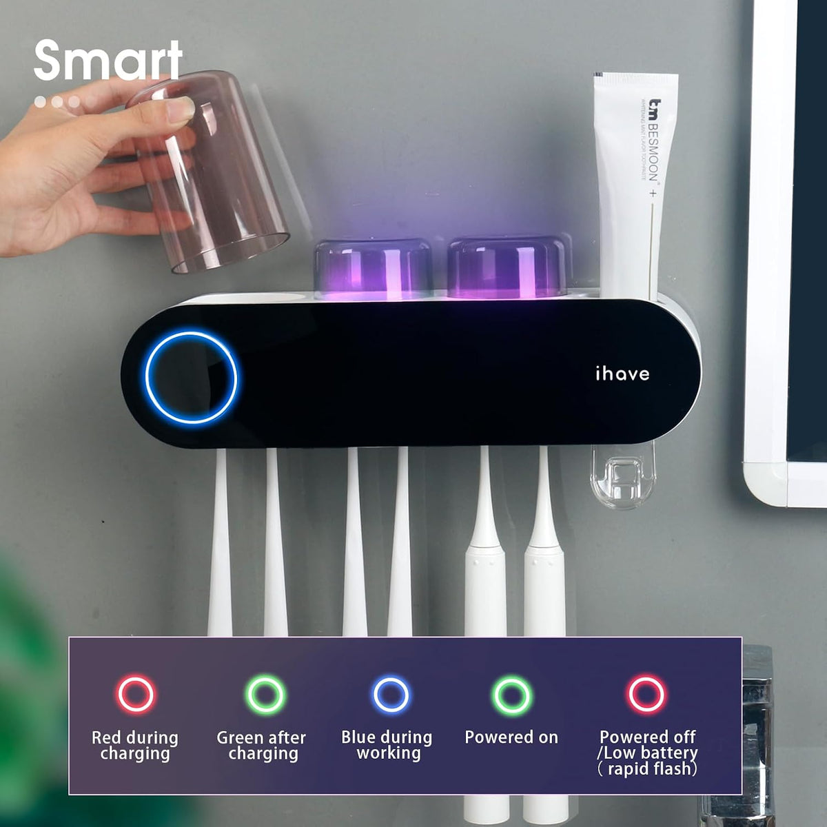 iHave UV Toothbrush Sanitizer Holder Wall Mount Toothpaste Dispenser, 3-Cup