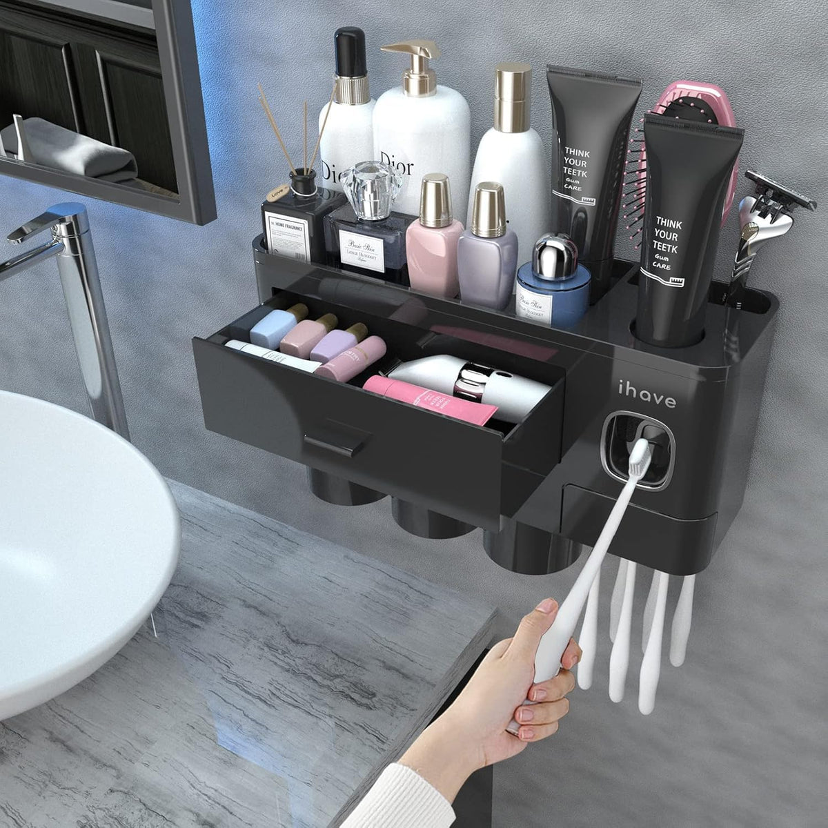 iHave Toothbrush Holders Wall Mounted with Toothpaste Dispenser & 2 Cups