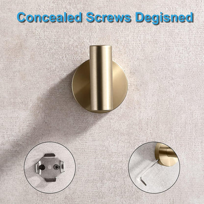 TASTOS Brushed Gold Bathroom Towel Coat Hook Stainless Steel, 2 Pack Robe Clothes Cabinet Closet Sponges Hooks Holder Round Style Heavy Duty Wall Hook for Bathroom Kitchen Hotel Wall Mounted