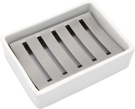 Ceramic Soap Dish Stainless Steel Soap Holder for Bathroom and Shower