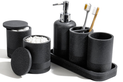 Bathroom Accessories Set, 6-Piece Bathroom Accessory Set, Toothbrush Holders Set, Soap Dispenser, Vanity Tray, Tumbler, Cotton Swab Jars, Bathroom Organizer for Modern Bathrooms(Beige)