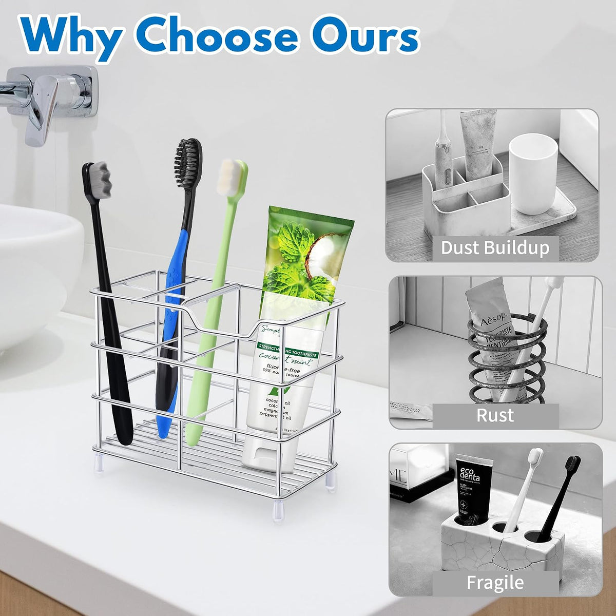 Toothbrush Holders for Bathrooms 304 Stainless Steel Quick Drying Silver