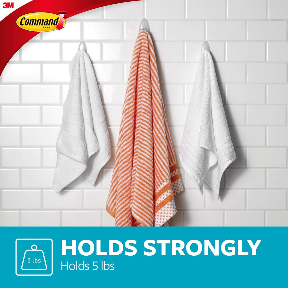Command Large White Bath Hooks, 3 Hooks, 3 Strips